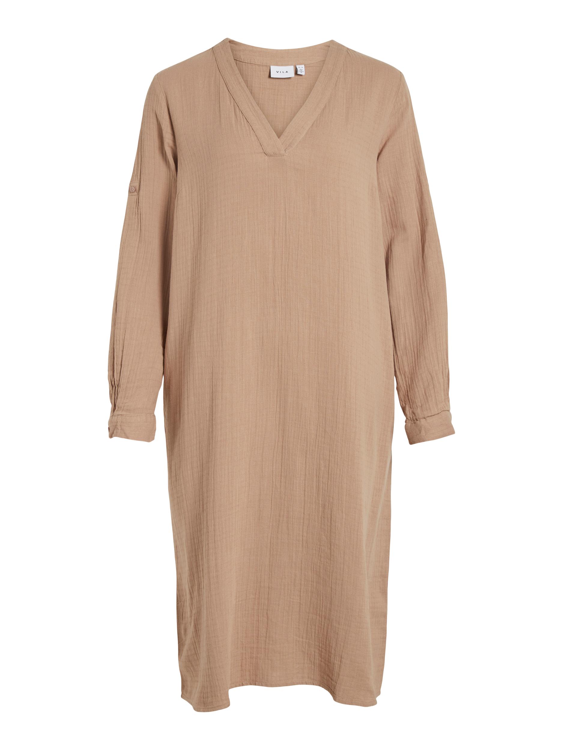 VILANIA NEW V NECK L S MIDI SHIRT DRESS 291517 Savannah Tan 34 5715357706080